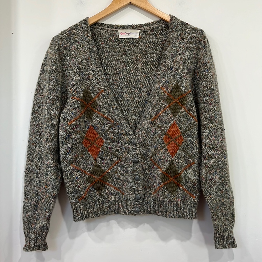 One Step Ahead Wool Knitted Cardigan V Neck Grey Green Orange M